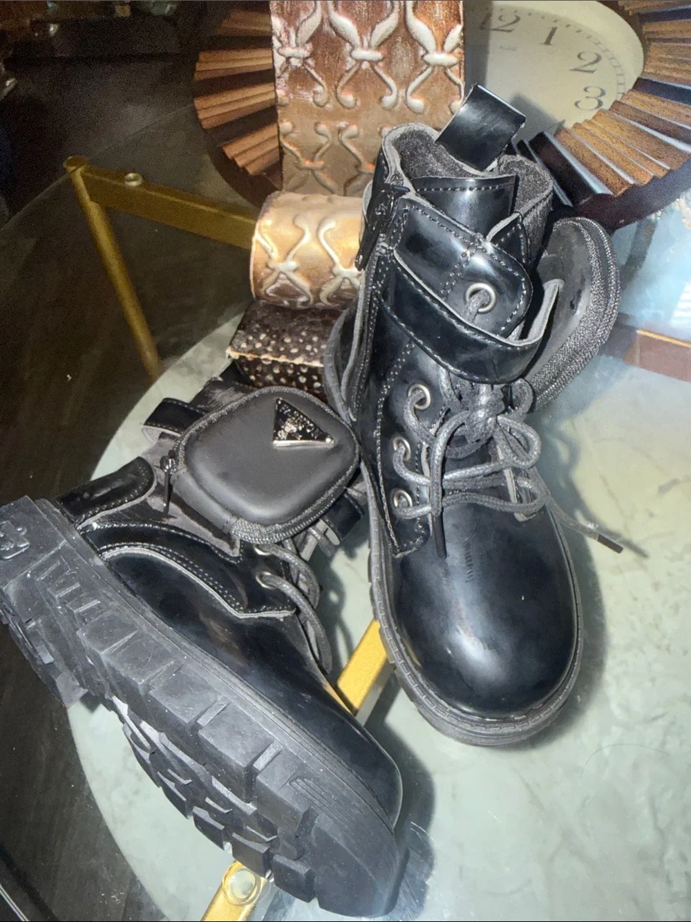 Kids Black Lace-Up Combat Boots with Side Zipper